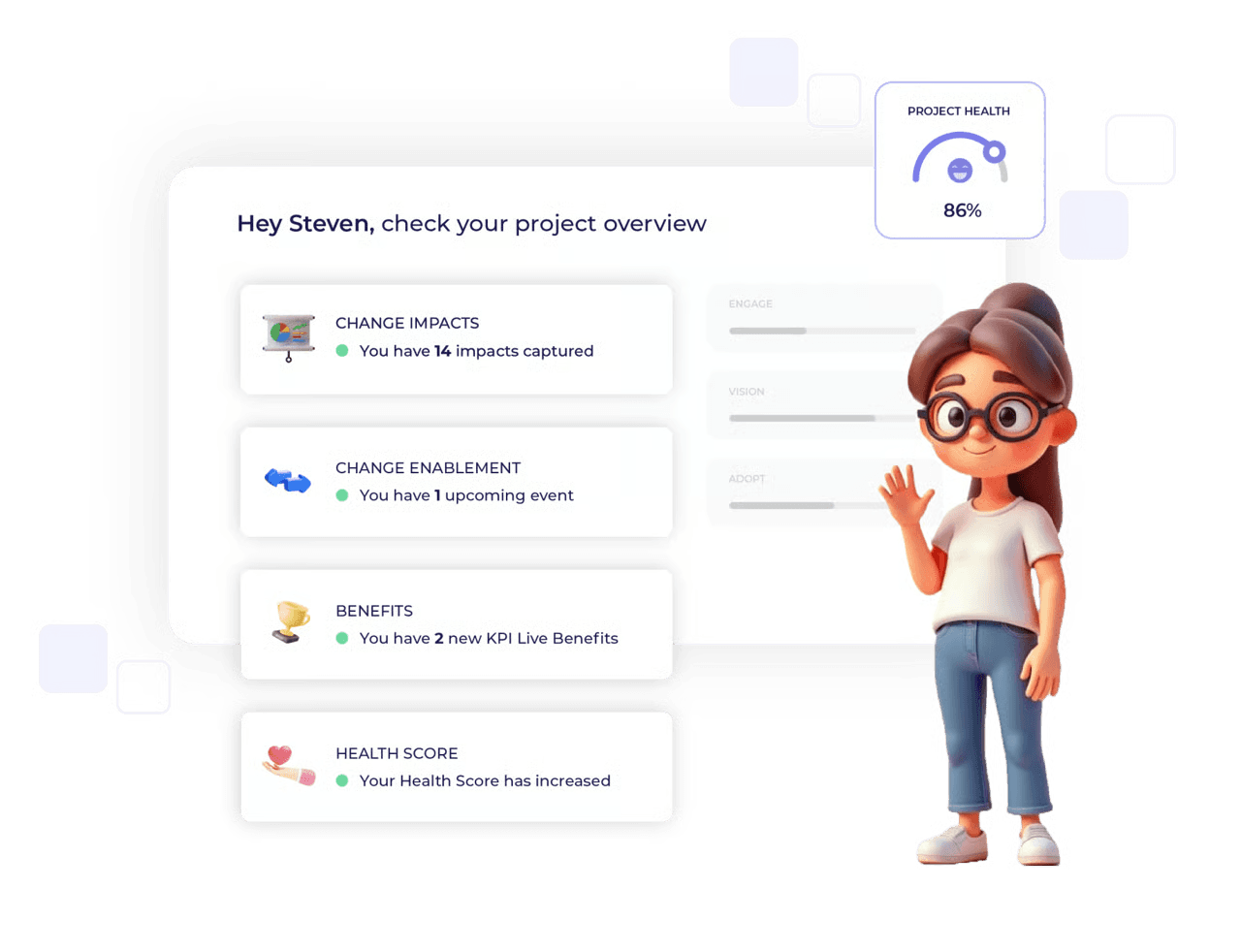 theChangeTracker dashboard showing project health, stakeholder engagement, and change progress at a glance